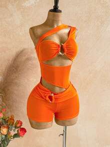 SHEIN WYWH 女士时尚百搭镂空无袖金属扣连体裤，适合度假 - 橘色 - 查看 6