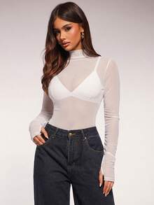 Radiana Damen sexy lässiges transparentes Mesh Langarm Bodysuit mit hohem Kragen, durchsichtiges Top, vielseitig kombinierbar, lässiger Alltags-Look, figurbetonter Slim Fit, geeignet für Nacht, Party, Club, Nachtclub, Cocktail, Festival, Urlaubsoutfit - Weiss - Übersicht 5