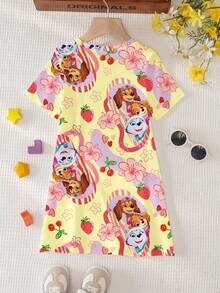 SHEIN | PAW Patrol 女童夏季休闲碎花小狗印花短袖连衣裙 - 白色 - 查看 2
