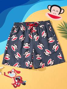 Paul Frank X SHEIN Quần short đi biển cạp rút họa tiết khỉ dành cho nam, mùa hè, phong cách Hawaii - Màu xám đen - Xem 1