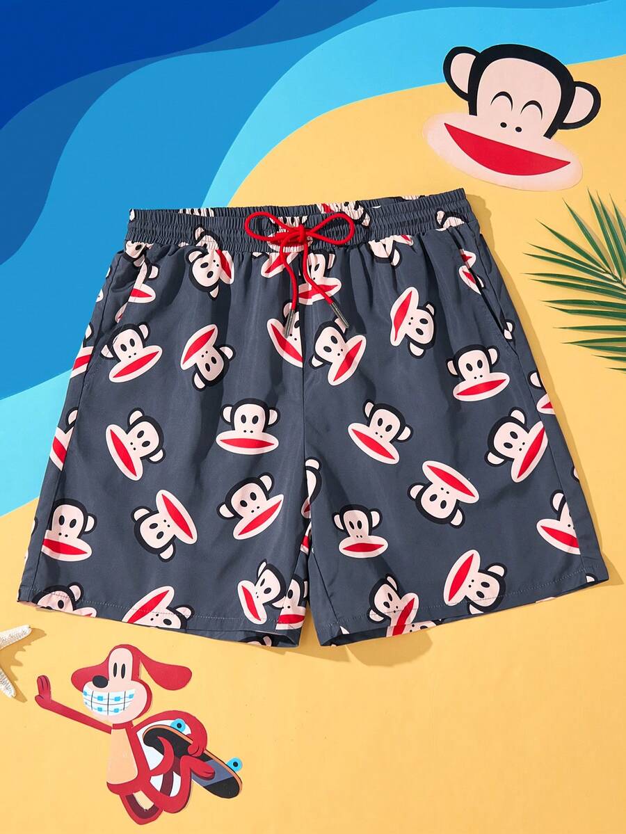 Paul Frank X SHEIN Quần short đi biển cạp rút họa tiết khỉ dành cho nam, mùa hè, phong cách Hawaii - Màu xám đen - Xem 1