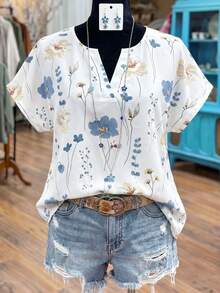 Linhara Plus Size Women Floral Print V-Neck Batwing Sleeve Blouse - Multicolor - View 1