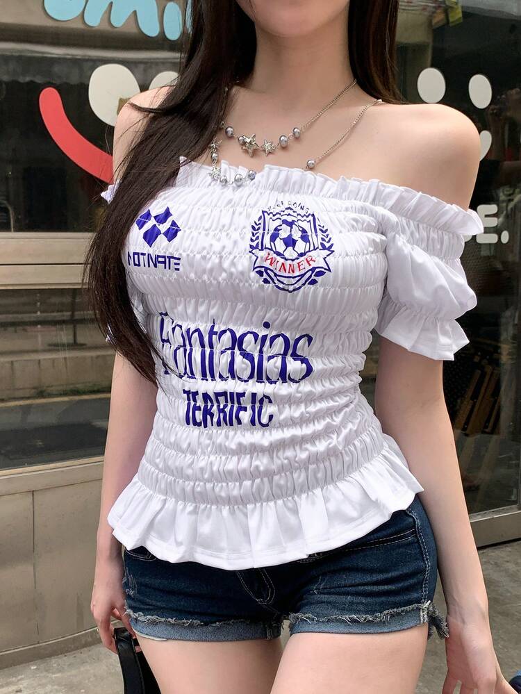 Women's White And Blue Summmer Y2k Letter Print Off-Shoulder Cropped Ruffled Sports Jersey,Fitted Waist Short Sleeve T-Shirt For City Break,Vacation
