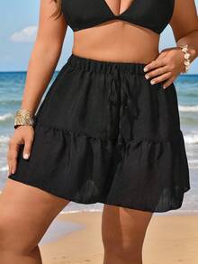 Swim Vcay Plus Size Cover-Up Tunic & Shorts Set With Tie, Loose Beach Dress For Coverage, Resort Vibe For Summer Beach Vacation - Black - View 5