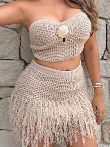 Maria Perezxox Bộ đồ nghỉ dưỡng 2 món cho nữ: Áo len dệt kim họa tiết và chân váy ngắn tua rua kim loại, thích hợp cho tiệc tùng, hẹn hò, kỳ nghỉ ở bãi biển, trang phục mùa hè, ngày lễ, trà chiều, mùa cưới, du ngoạn, nghỉ dưỡng thành phố, kỳ nghỉ theo phong cách Boho, lễ hội âm nhạc - Màu Khaki - Xem 6
