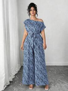 Elenzga Bộ đồ nữ cỡ lớn gồm áo trễ vai thắt eo và quần ống rộng, trang phục thường ngày thanh lịch, phù hợp cho công sở hoặc ở nhà. - Nhiều màu - Xem 5