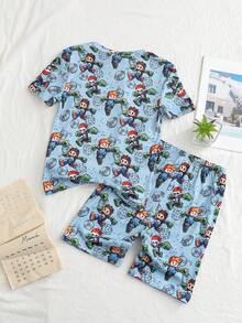 Set Piyama Musim Panas Modis 2pcs/Set Atasan Lengan Pendek dan Celana Pendek Rajut Motif Kartun Lucu, Nyaman, Lembut, Ramah Kulit, Pas di Badan untuk Dipakai di Musim Panas - MultiWarna - View 2