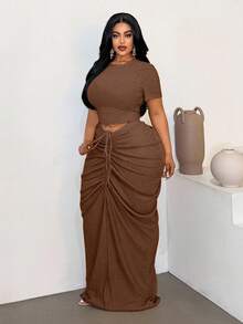 Maweii Plus Size Sexy Fitted Beach Ruched Skirt Set - Brown - View 1
