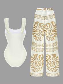 Swim Oasis Women's 2-Piece Swimsuit Set With Ruched Front And Random Shell Decor Printed Pants, Beach Vacation - Multicolor - View 4