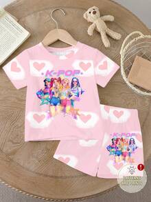 女童可爱韩流女团印花两件套，粉白爱心云朵T恤+短裤，婴幼儿甜美休闲夏季套装 - 彩色 - 查看 3