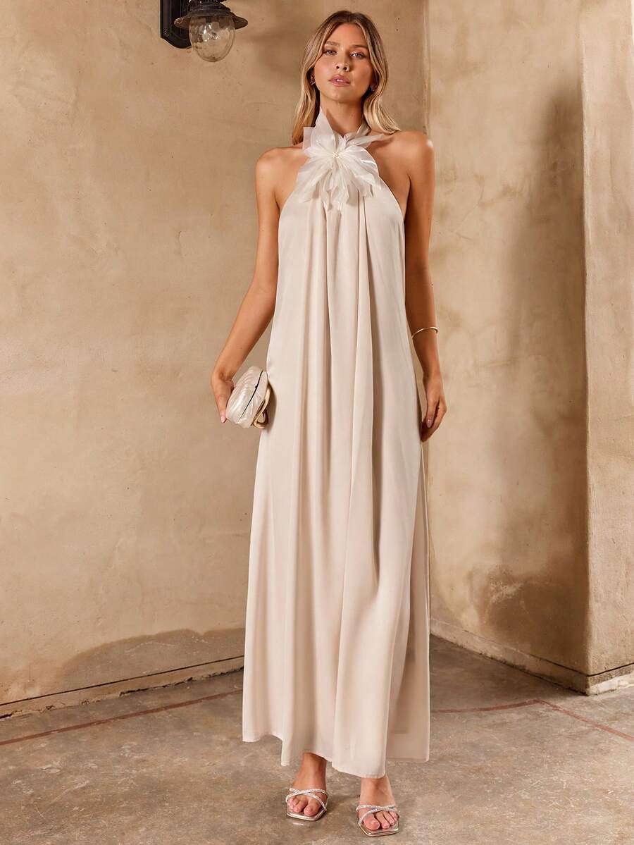 Enchnt Women's White Floral Summer Elegant Wedding Guest Apricot Halter Backless Solid Color 3D Floral Vacation Dress,Stylish&Elegant For Holiday&Date