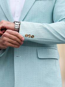 Manfinity Mode Setelan Jas Bisnis Kasual Pria Warna Biru Muda Musim Panas, Blazer Kain Bertekstur, Jas Wisuda Pernikahan Gaya Amerika, Gaya Klasik untuk Prom, Pesta, Vintage - Biru - View 6