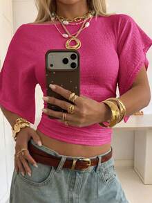 SHEIN EZwear Women's Solid Color Ruched Asymmetric Neck Knit Top,Summer Top - Hot Pink - View 9
