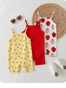 SHEIN Baby Girl Casual Knitted Solid Color Halter Romper Set, Random 6 Pieces, Send 3 Pieces - Red - View 3
