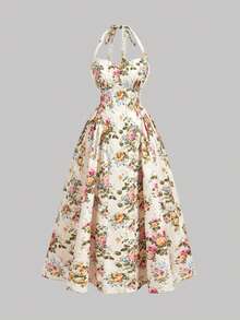 SHEIN MOD Robe mi-longue élégante à taille cintrée et imprimé floral pour femmes grandes tailles, tenue d'été et de vacances, style rétro, vintage et campagne, pour sortir, pour les enseignantes, pour les rendez-vous, les pique-niques, les fêtes, les bals de promo, les anniversaires, style cottage, thé, laitière, français, imprimé floral - Multicolore - Voir 2