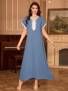Al Najma Embroidered Floral Shoulder Sleeve V-Neck Elegant Arabic Dress - Dusty Blue - View 6