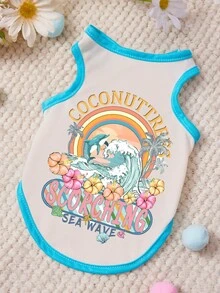 Áo tank top cho thú cưng in hình cá heo sóng, cây dừa, bãi biển mùa hè, màu be và xanh dương, kiểu dáng giản dị, mềm mại và thoáng khí, chống rụng lông. - Nhiều màu - Xem 1