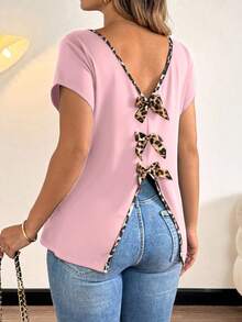 Plus Size Women's Backless V-Neck Bowknot Elegant Casual T-Shirt, Short Sleeve V Neck Blouses For Women Tops For Women Elegant Chic Top Cute Short Sleeve Tops Blouses For Women - Pink - View 5