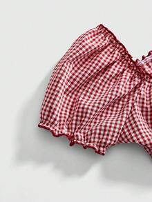 Sweetness Áo croptop tay raglan thắt nơ phía trước họa tiết kẻ caro dành cho nữ - Đỏ - Xem 4