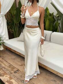 Sunnyshic Women's Yellow Lace Satin 2-Piece Set, Romantic Sexy Outfit For Party, Date, Summer Beach Vacation, Spring/Summer - Light Yellow - View 4