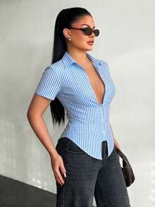 BamGleam French-Style Slim-Fit Blue And White Striped Short-Sleeved Sexy And Elegant Women's Blouse, Suitable For University Campus Wear. Button-Down Top, Blue Striped Shirt, New Summer And Autumn Style Women's Blue Striped Waist-Tie Slim-Fit Long-Sleeved Blouse, Back Tie, Deep V-Neck. - Blue and White - View 5