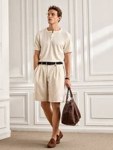Officeau Camisa polo de manga corta con cuello henley, textura de gofre y unicolor casual para hombre, verano - Beis - Ver 3