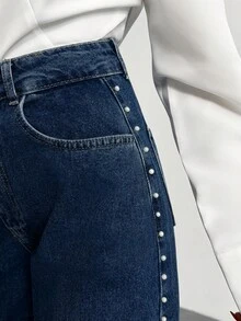 EURMUSE Pärljeans med hög midja och vida ben i denim med sidoslits - Mörktvätt - Visa 7