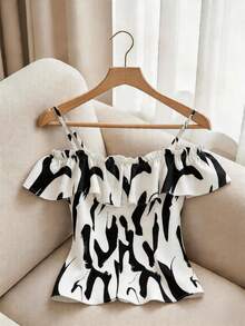 GlowEve CURVE Elegant Ruffled Off-Shoulder Blouse For Plus Size Women - Black and White - View 2