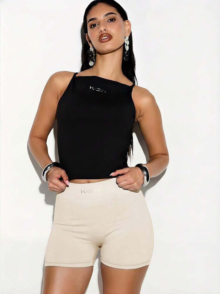 KIZN High Waisted Biker Shorts For Summer Casual Fitted Short Length Bottoms Logo Detail