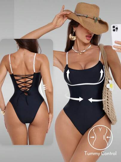 Shapewave Traje de baño de una pieza con tirantes de color contrastante para mujer, ideal para vacaciones en la playa