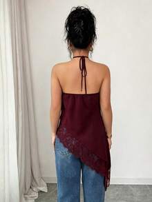 GlowEve Áo hai dây nữ mùa hè mới, áo hai dây màu đen, cổ yếm buộc dây, viền ren bất đối xứng, áo hai dây gợi cảm dành cho nữ, áo hai dây ôm sát hở lưng sang trọng với ren trang trí, áo không tay gợi cảm, phù hợp cho tiệc tùng, cocktail, các dịp trang trọng và công sở thường ngày, trang phục đi biển dành cho nữ. - Màu Đỏ Sâu - Xem 2