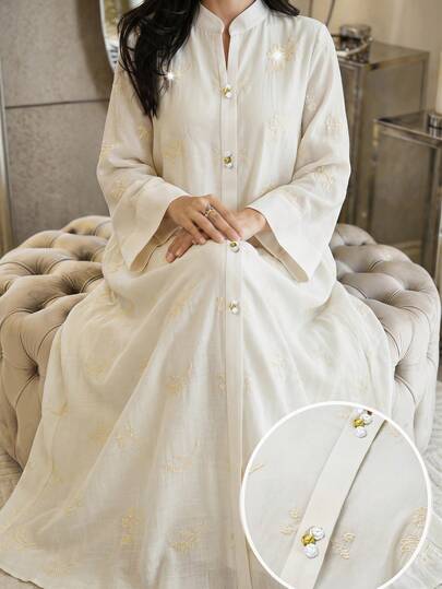 Yasmyna Vestido árabe de manga larga con bordado floral y abotonadura sencilla para mujer