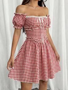 Glamine Charm Gingham Off Shoulder Mini Dress Cottagecore Picnic Dress Coquette Ribbon A-Line Dress Summer Vintage Casual Dress Classic Gingham Check Print Off Shoulder Bardot Neckline Flare A-Line Skater Hem Outdoor Garden Picnic Casual Daily Outing Romantic Date Appointment Beach Holiday Trip Spring Festival Event Summer Sweet Feminine - Red and White - View 7