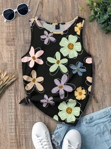 EMERY ROSE Plus Size Casual Floral Print Round Neck Tank Top, Summer - Multicolor - View 7
