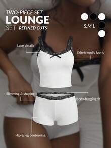 Amplova 2pcs/Set Colorblock Lace Splice Bow Decor Camisole And Ultra Low Waist Lace Splice Foldover Waistband Mini Shorts,Summer Sets - White - View 10