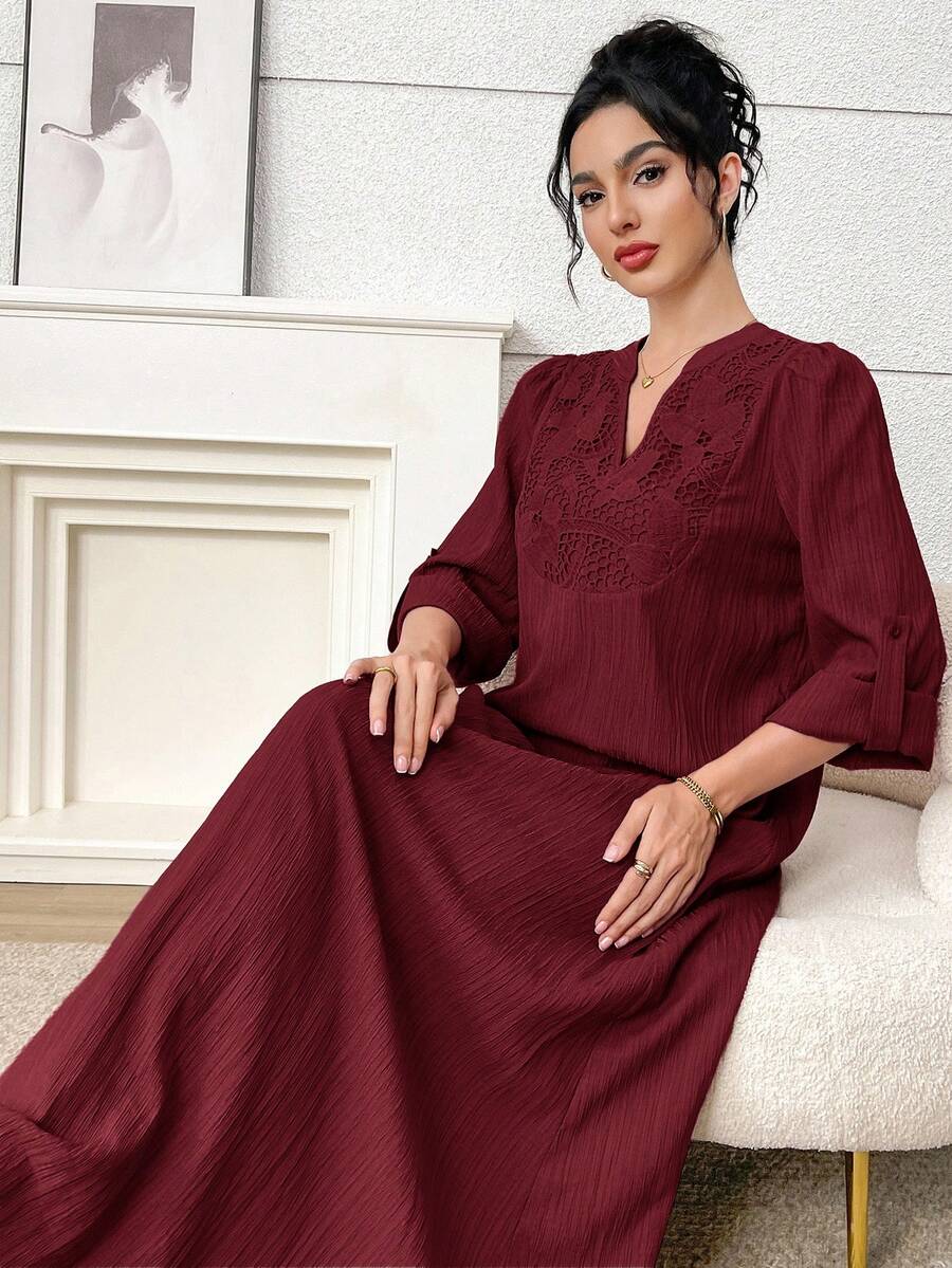 Al Najma Women's V-Neck Casual Modest Elegant Party Family Christening Guest Travel Arabic Style Dress Burgundy Fall