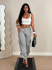 Mistrie Summer Grey High-Waisted Side Tie Wide Leg Pants, Loose Drawstring Casual Sports Trousers - Grey - View 7