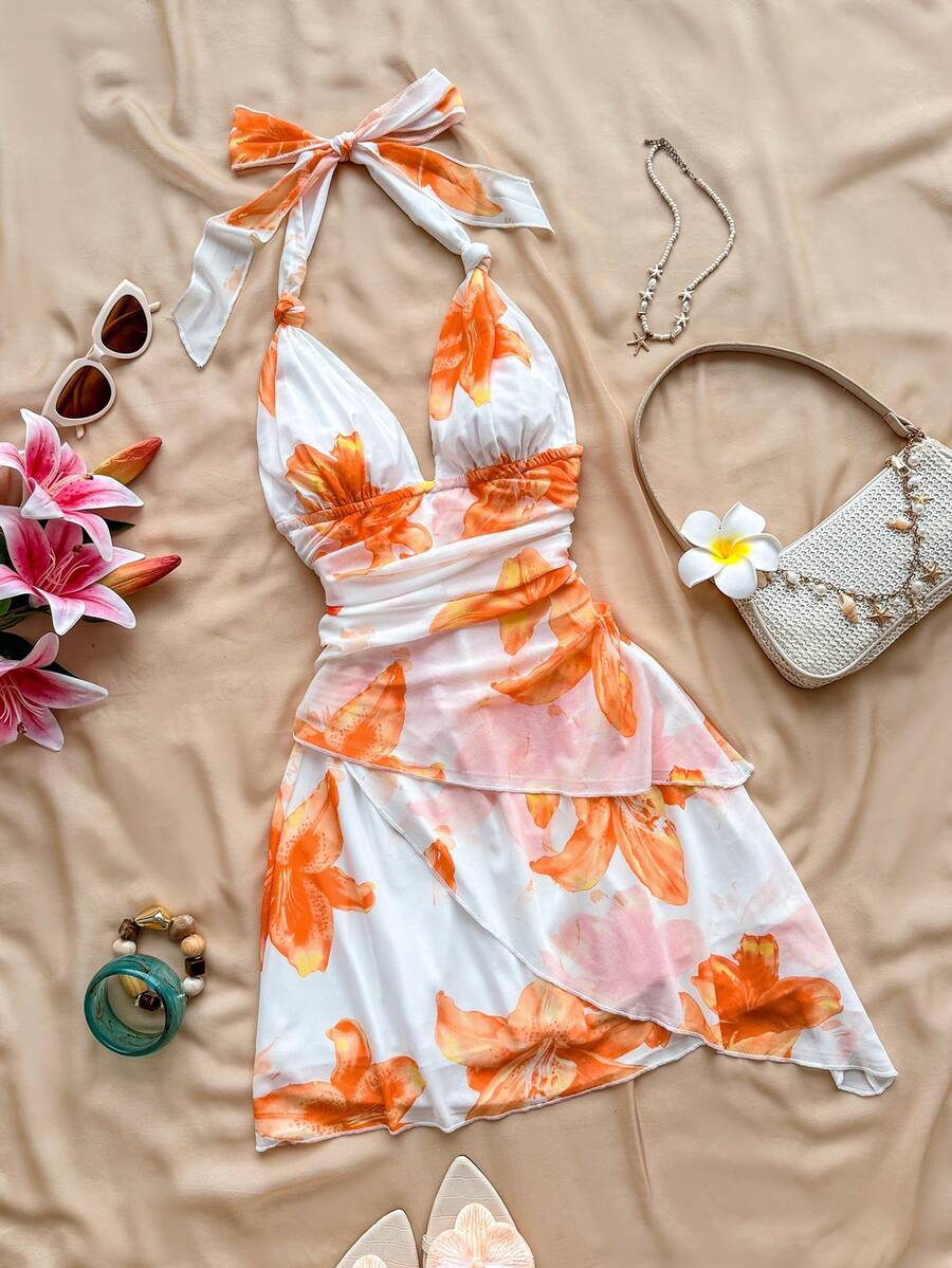 Soleia Đầm ngắn gợi cảm kiểu vintage ombre cổ chữ V buộc dây bằng vải lưới xếp ly bất đối xứng, thích hợp cho kỳ nghỉ của phụ nữ. - trái cam - Xem 1