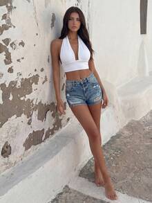 Bonvoyette Backless Crop Halter Top - White - View 6