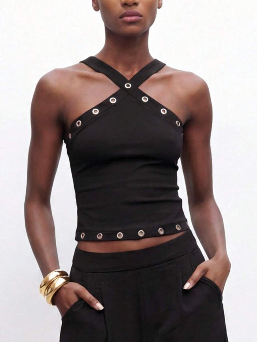 SHEIN Maija MAIJA BLACK Summer Vacation Halter Neck Cross Strap Grommet Ribbed Top Fashion Top Yk2k Tops - Black - View 1