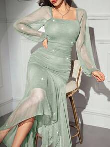 Modelyn Women's Solid Color Shiny Square Neck Lantern Sleeve Asymmetric Hem Elegant Dress,Wedding Guest Dress Women - Mint Green - View 3