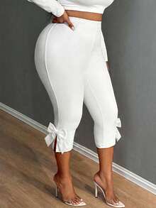 SHEIN SXY Quần legging cỡ lớn màu đen trắng thanh lịch với nơ trang trí, phù hợp cho các bữa tiệc cocktail, đi làm và mặc hàng ngày. - Nhiều màu - Xem 3