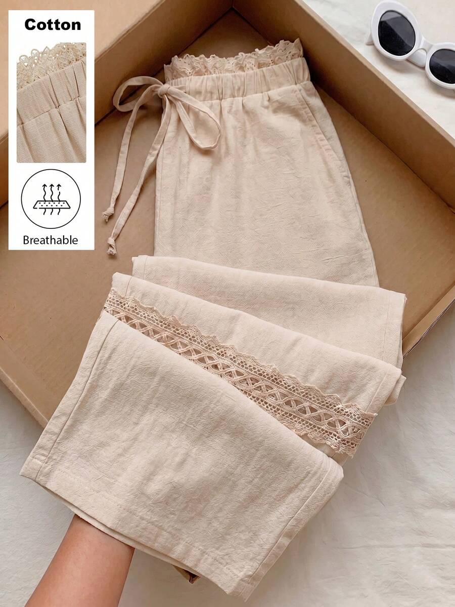 SHEIN Franclia Women's Regular Linen Pants, Elastic Waist With Drawstring, Side Pockets, Ruffle Hem, Casual For Vacation And Commute, Suitable For All Seasons - Apricot - View 1