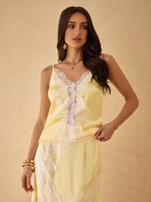 Silquee Women's Spring/Summer Satin & Lace Patchwork Camisole - Yellow - View 5