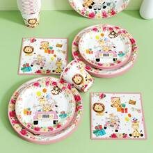 Platos, servilletas y vasos desechables con borde rosa y animales de la jungla, set de suministros para fiestas, sirve a 24 personas, vajilla de papel desechable para fiestas, adecuado para cumpleaños, bodas, fiestas temáticas, picnics familiares. - Ver 5