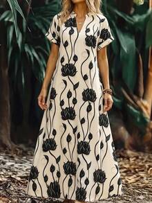 EMERY ROSE Robe longue d'été décontractée et ample à col V avec imprimé floral blanc et noir de lotus pour femmes, idéale pour la plage et les vacances - Multicolore - Voir 4