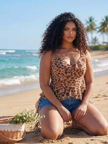 Dazy Plus Leopard Print Sexy Ruffle Hem Asymmetrical Hem Vacation Style Plus Size Women Spring/Summer Camisole And Tank Top - Brown - View 15