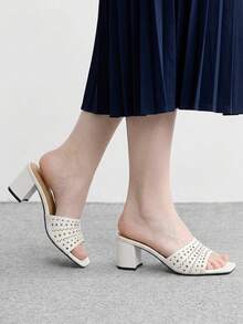 CUCCOO BIZCHIC Ladies Burgundy Hollow Upper High Heel Sandals, Square Toe Comfort High Heel Sandals Commuter Style Sandals Summer Shoes - White - View 4