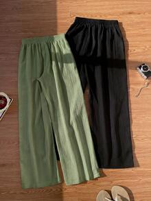 SHEIN EZwear 女士字母印花双色梭织阔腿裤套装 女士夏季长裤 女士半身裙 阔腿裤 女士高腰短裤 女士休闲半身裙 - 橄欖綠 - 查看 2