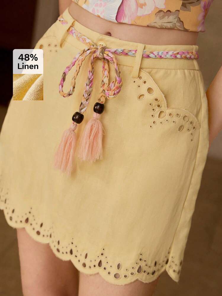 WOMEN'S LACE EMBROIDERED LINEN A-LINE SKIRT, SPRING/SUMMER